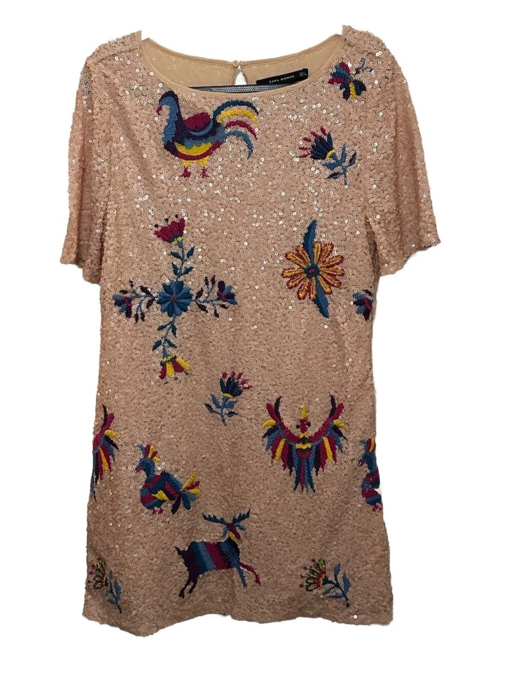 Sequin Embroidered Beige Shift Dress with Colorful Folk Motifs